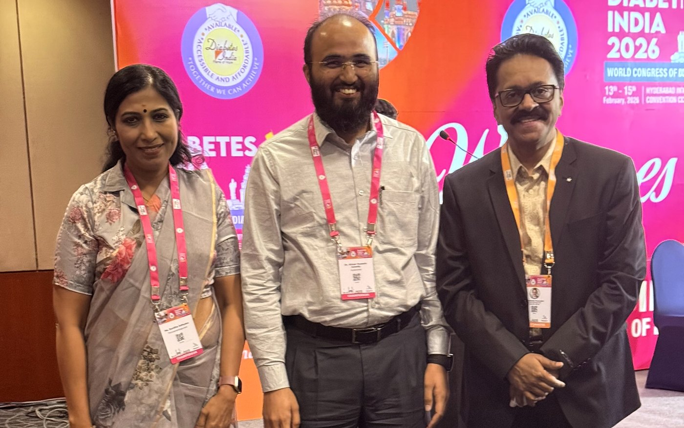 Dr. Khizer Hussain Junaidy with Dr. Jothydev Kesavadev and Dr. Sunitha Jothydev at the World Congress of Diabetes, DiabetesIndia 2026, Hyderabad.