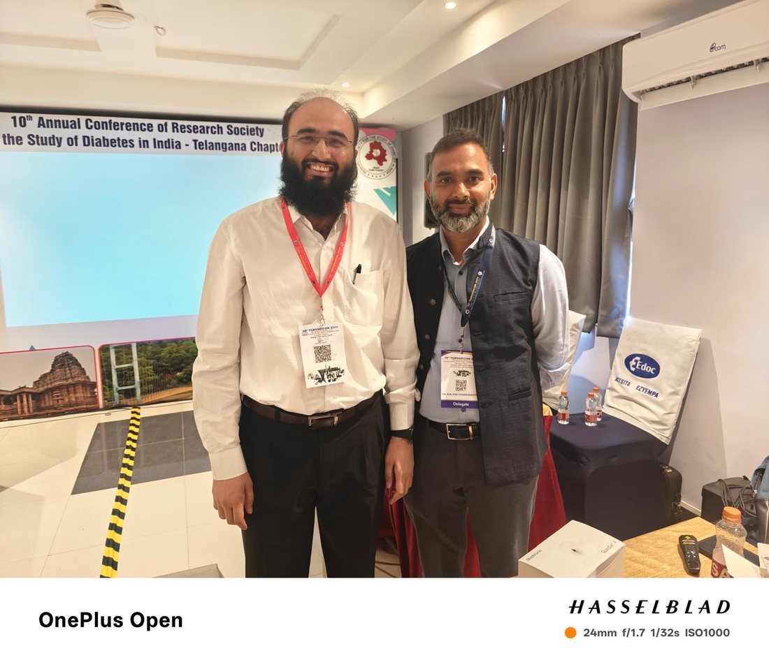 Dr. Khizer Hussain Junaidy with consultant endocrinologist Dr. Kalyan Chakravarthy at the 10th Annual Conference of the Research Society for the Study of Diabetes in India, Telangana Chapter.